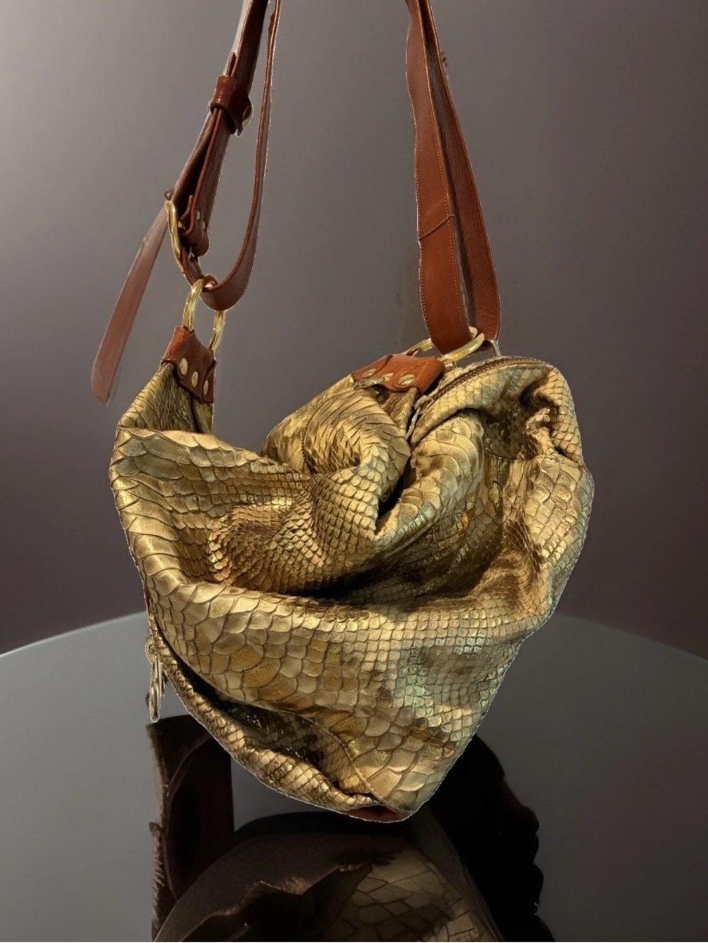 Marino Orlandi Rare Metallic Gold REAL Python Leather Hobo Bag Backpack